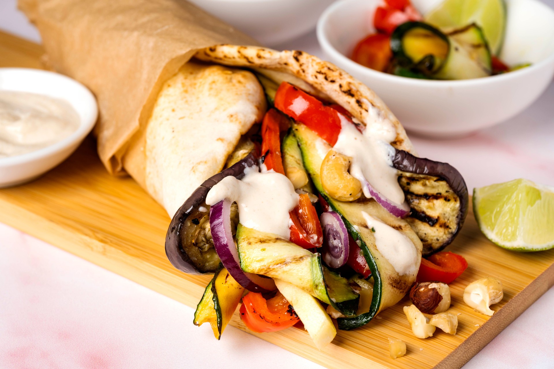 Roasted vegetable of Aubergine, Courgette and red bell pepper wrap sandwich