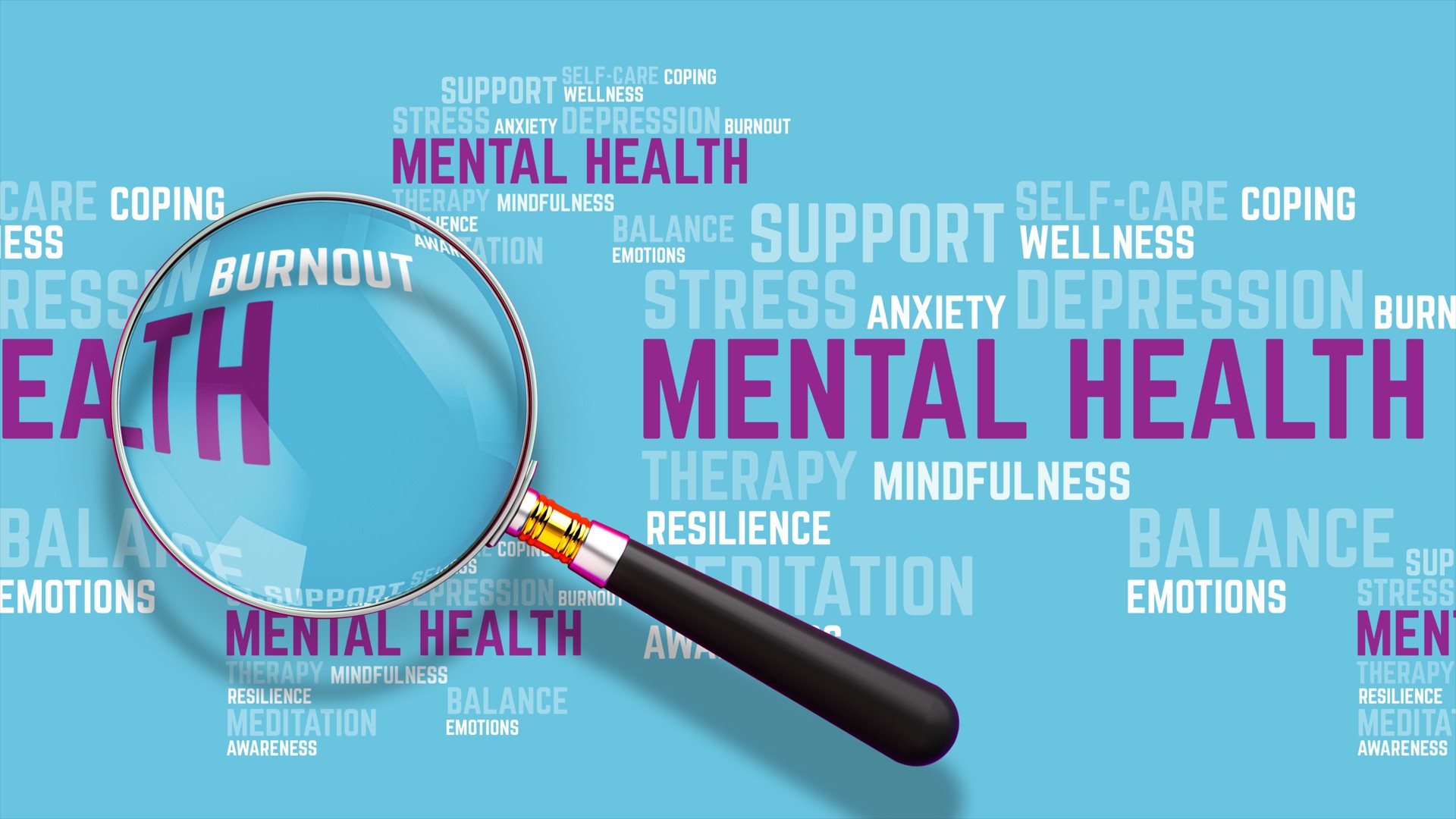 Mental Health and Wellness Word Cloud with Magnifying Glass Focus